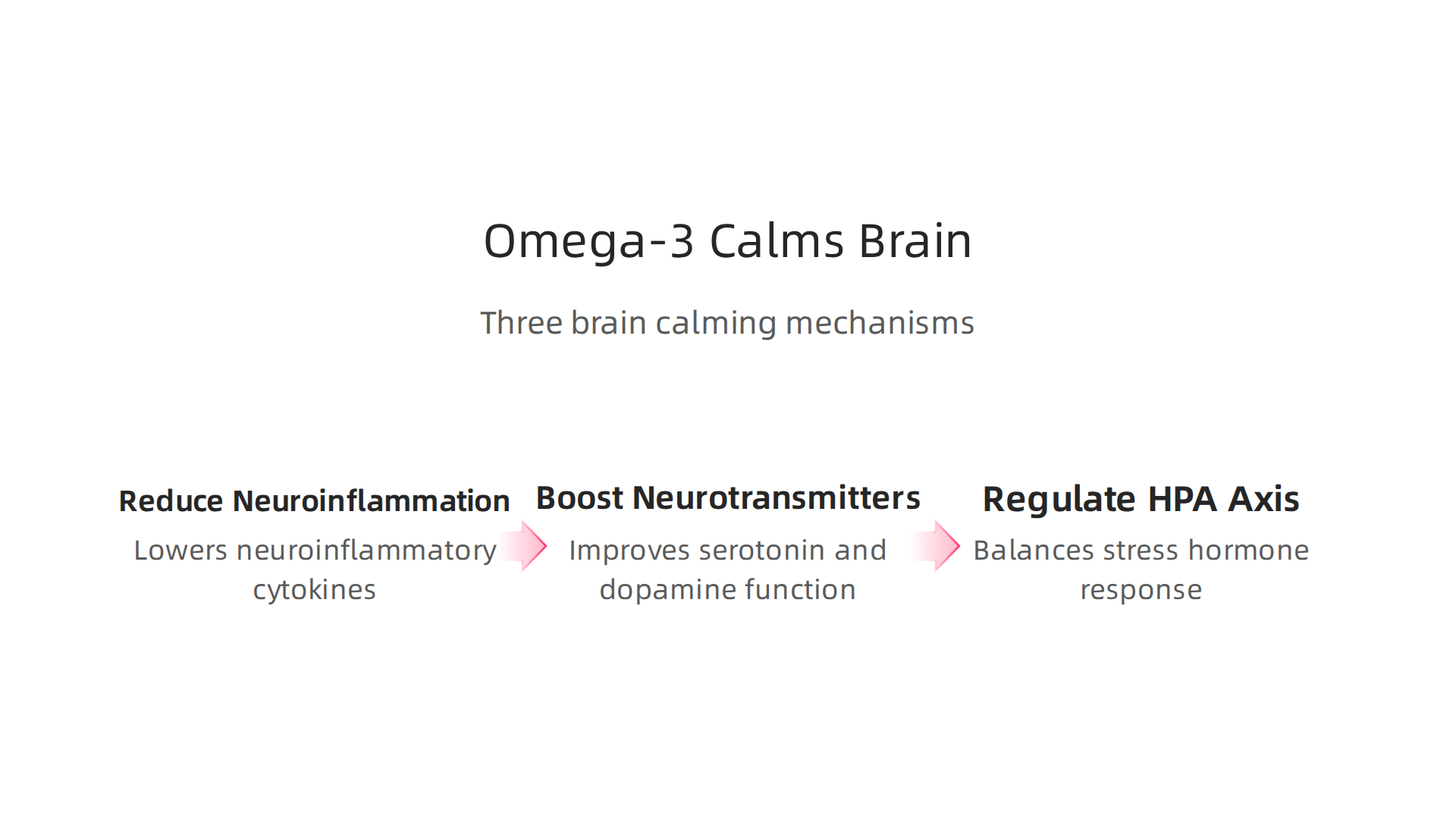 Illustration of the three key mechanisms by which omega-3s calm the anxious brain: fighting neuroinflammation, supporting neurotransmitters, and regulating the HPA axis.