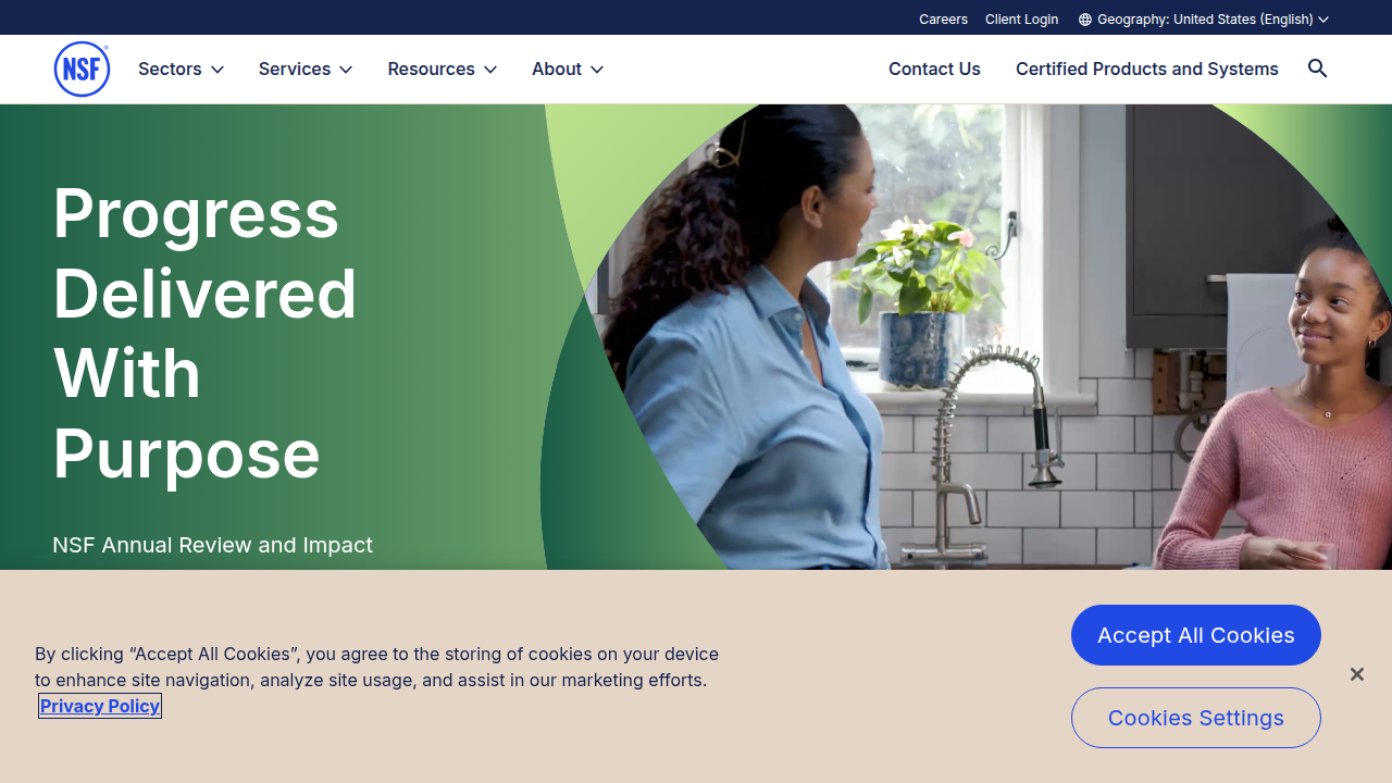 A screenshot of the NSF International website, an organization providing third-party certification for product safety and quality, relevant to omega-3 supplement selection.