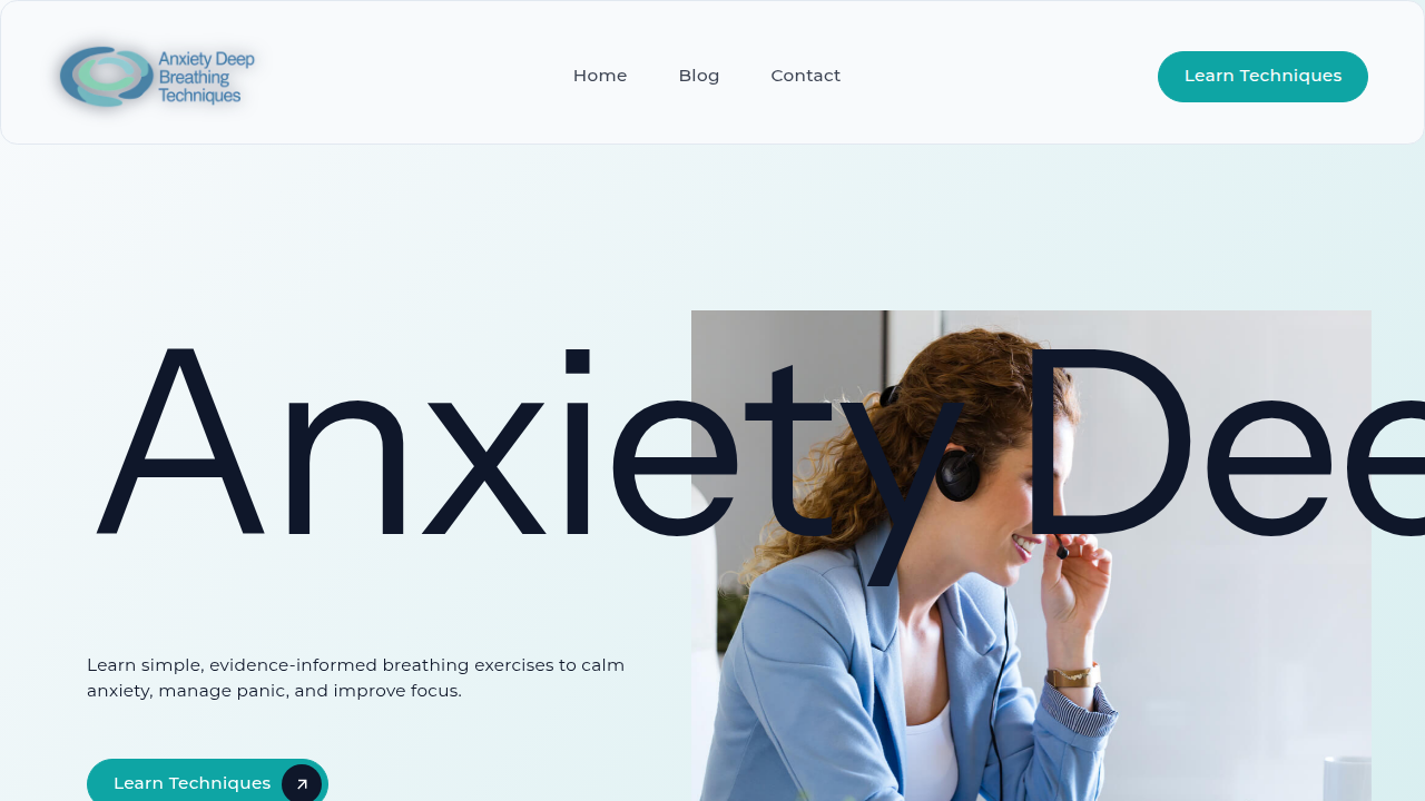 Screenshot of the Anxiety Deep Breathing Techniques website, a resource offering methods to help manage stress and high blood pressure naturally.