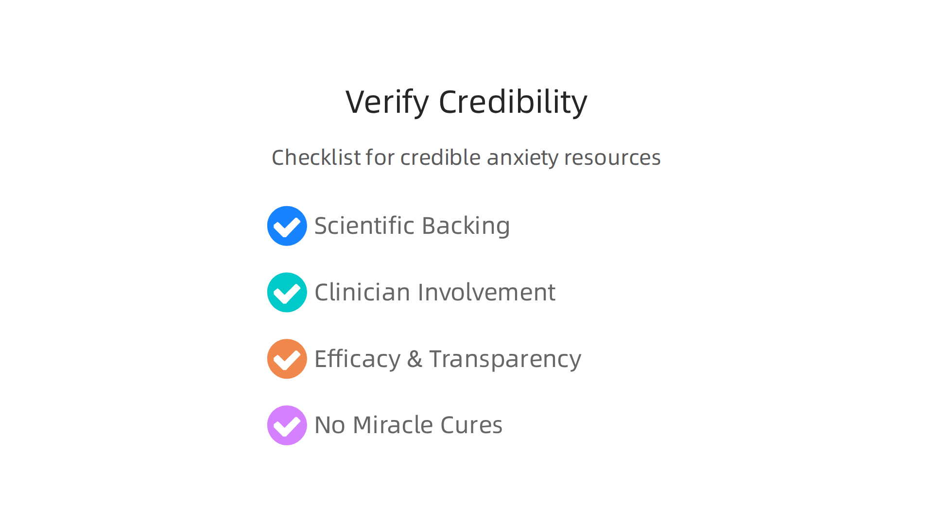 A checklist for evaluating the credibility of online anxiety resources, focusing on scientific backing, transparency, and realistic claims.