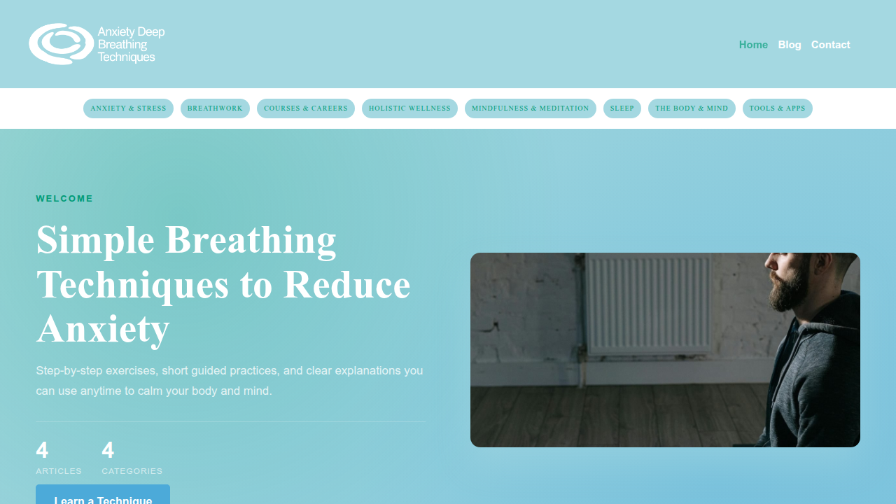 The homepage of AnxietyDeepBreathingTechniques.com, a resource for breathing exercises to manage anxiety and blood pressure effectively.