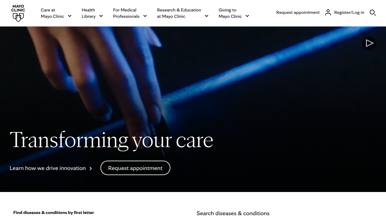 The homepage of Mayo Clinic, a trusted source for medical information and health advice, including mindfulness exercises and nervous system balance.