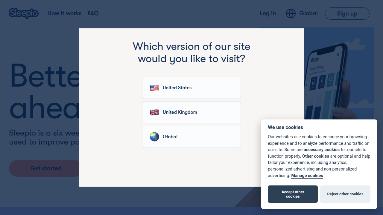 A screenshot of the Sleepio website, an FDA-cleared digital CBT-I program designed to improve sleep through a self-guided, science-backed approach.