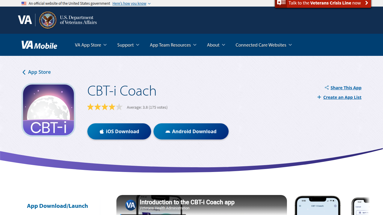 The official VA page for CBT-i Coach, a free, evidence-based app for mild-to-moderate insomnia, providing structured lessons and tracking tools.
