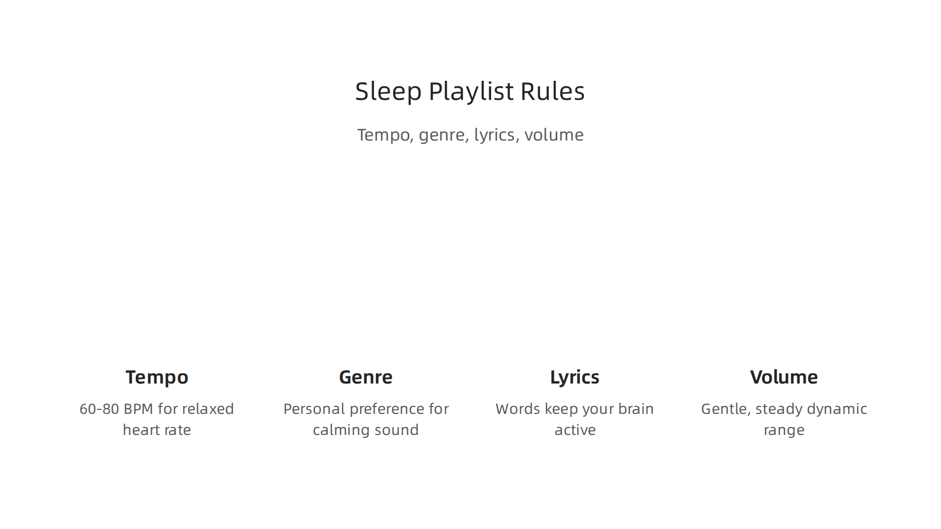 Key guidelines to follow when curating a relaxing music playlist for sleep, focusing on tempo, genre, lyrics, and volume dynamics.