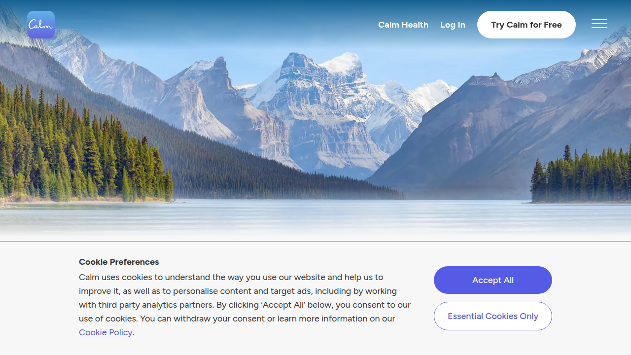 The Calm app website, showcasing its features including guided meditations, sleep stories, and relaxing music for better sleep.