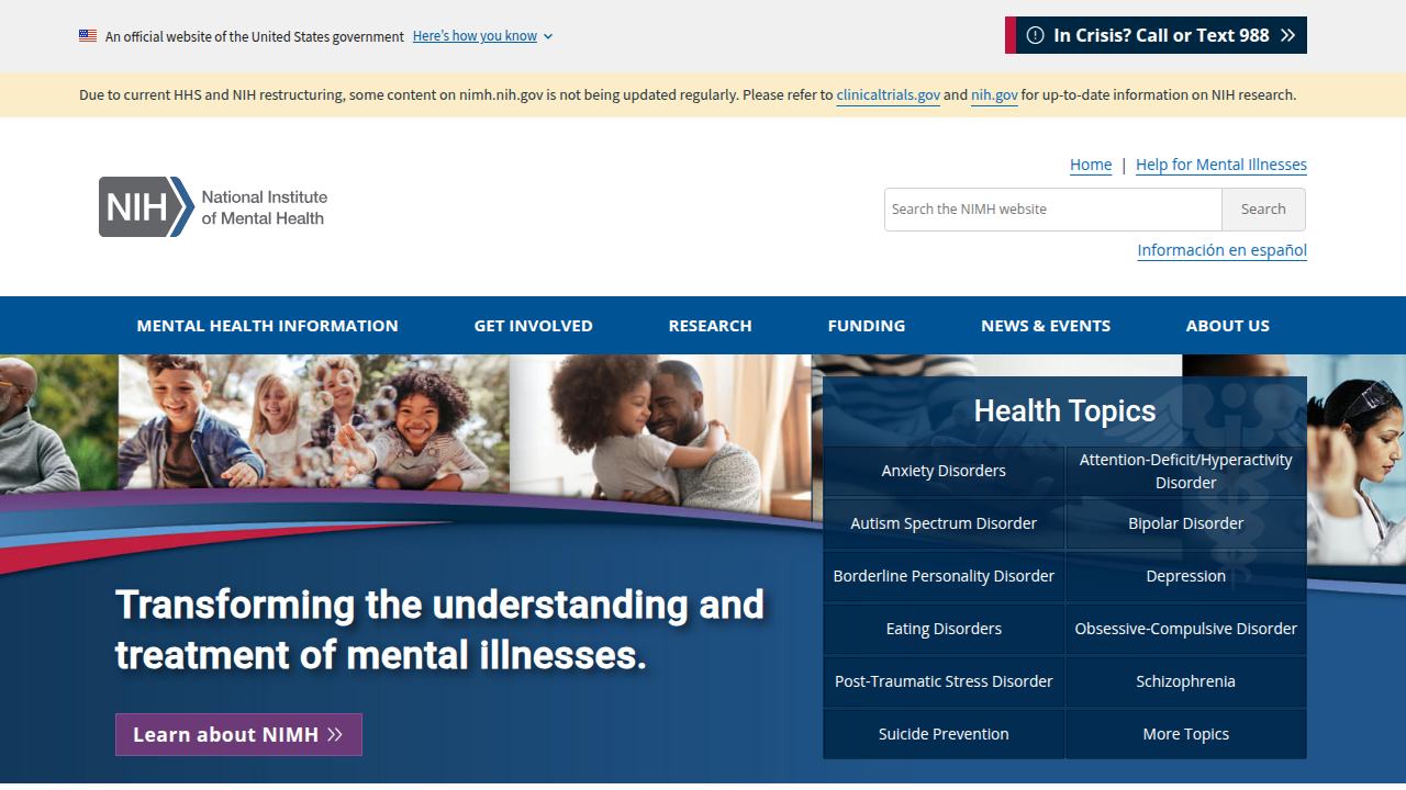A screenshot of the National Institutes of Health website, a trusted source for medical research and health information.