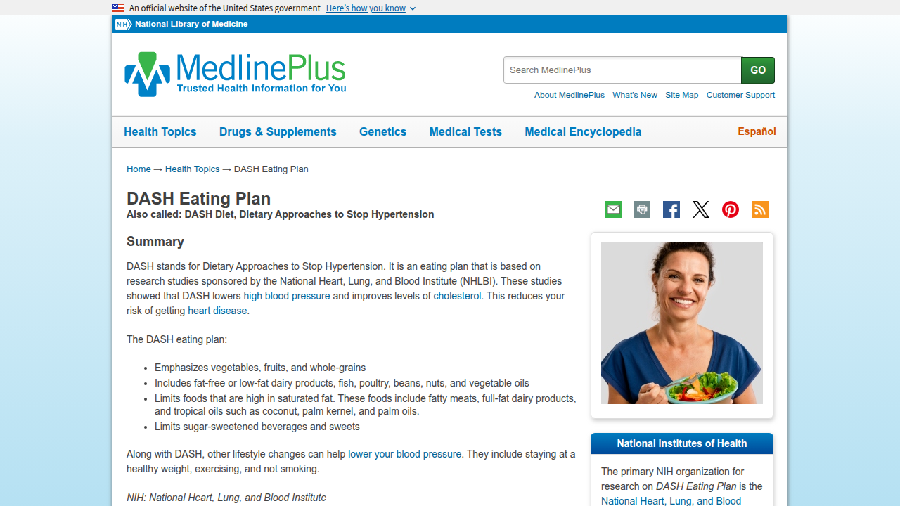 MedlinePlus provides detailed instructions and benefits of the DASH diet for blood pressure management.