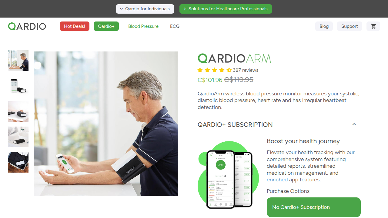 View the sleek design and features of the QardioArm, a design-forward blood pressure monitor for a less intimidating experience.