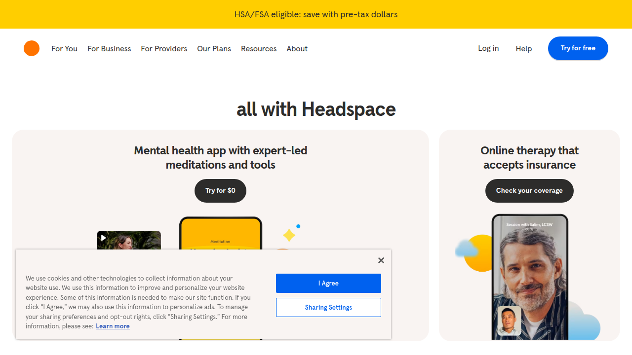 The homepage of the Headspace app, a popular platform offering guided meditation sessions.