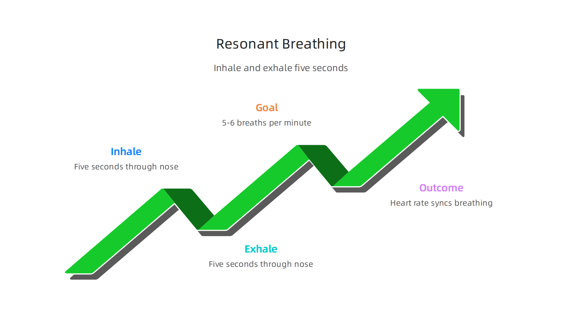 Visual steps for practicing resonant breathing to achieve a coherent heart rate and breathing rhythm.