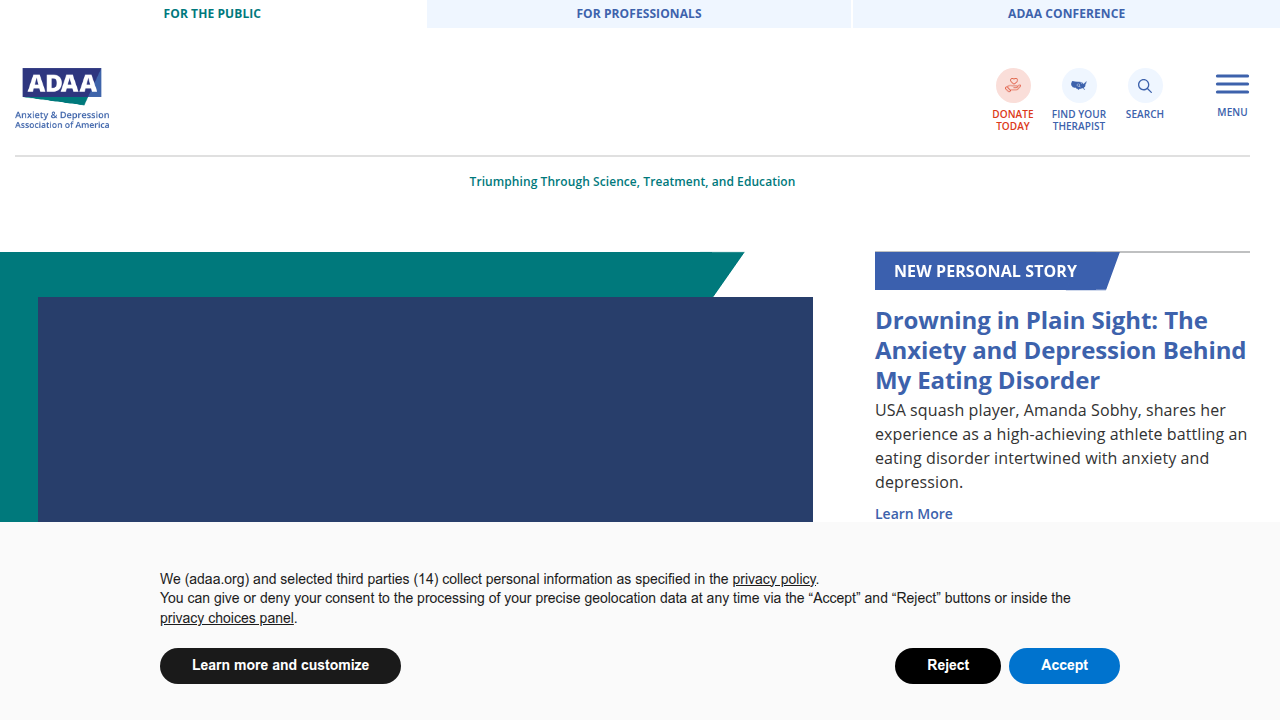 Screenshot of the homepage for the Anxiety and Depression Association of America, a key resource for anxiety information and support.