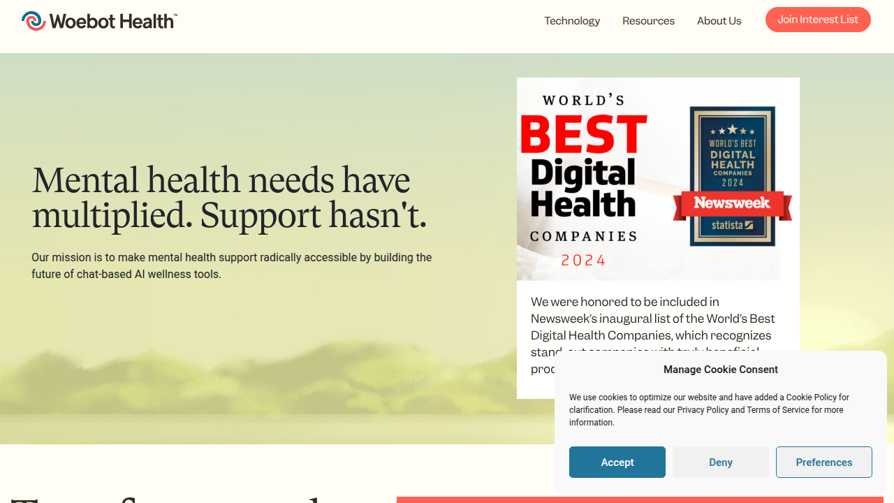 Screenshot of the Woebot Health homepage, highlighting its AI-driven CBT approach for mental wellness.