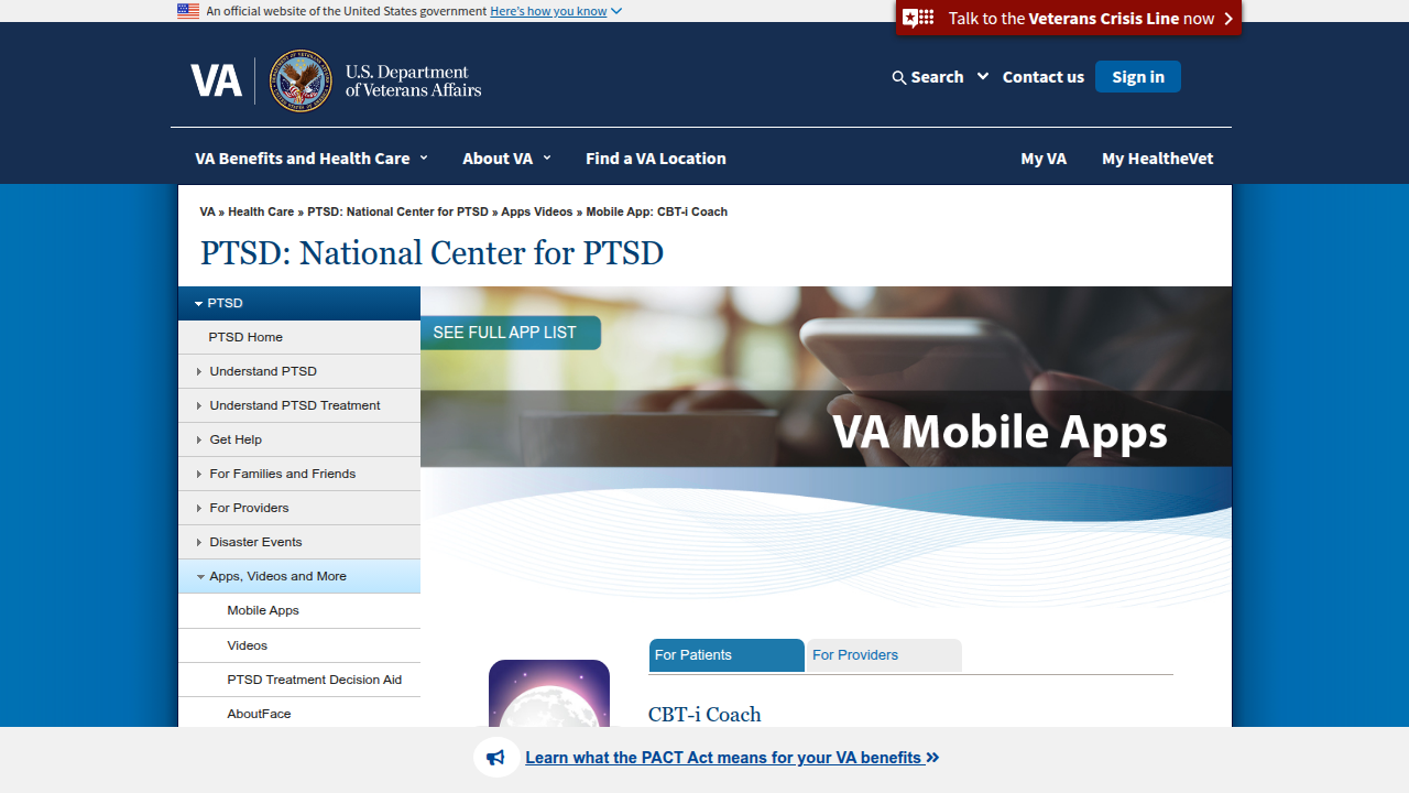 CBT-i Coach is a free, evidence-based app developed by the VA to help individuals improve their sleep.