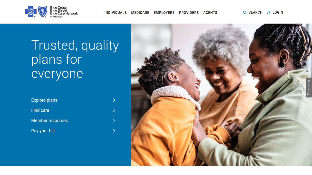 Blue Cross Blue Shield of Michigan's homepage, a resource for health insurance and care information.