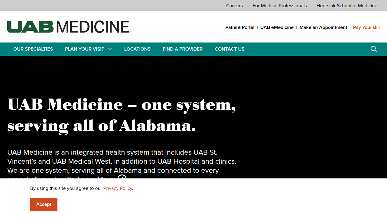 A screenshot of the UAB Medicine homepage, a reputable source for medical research and health information.