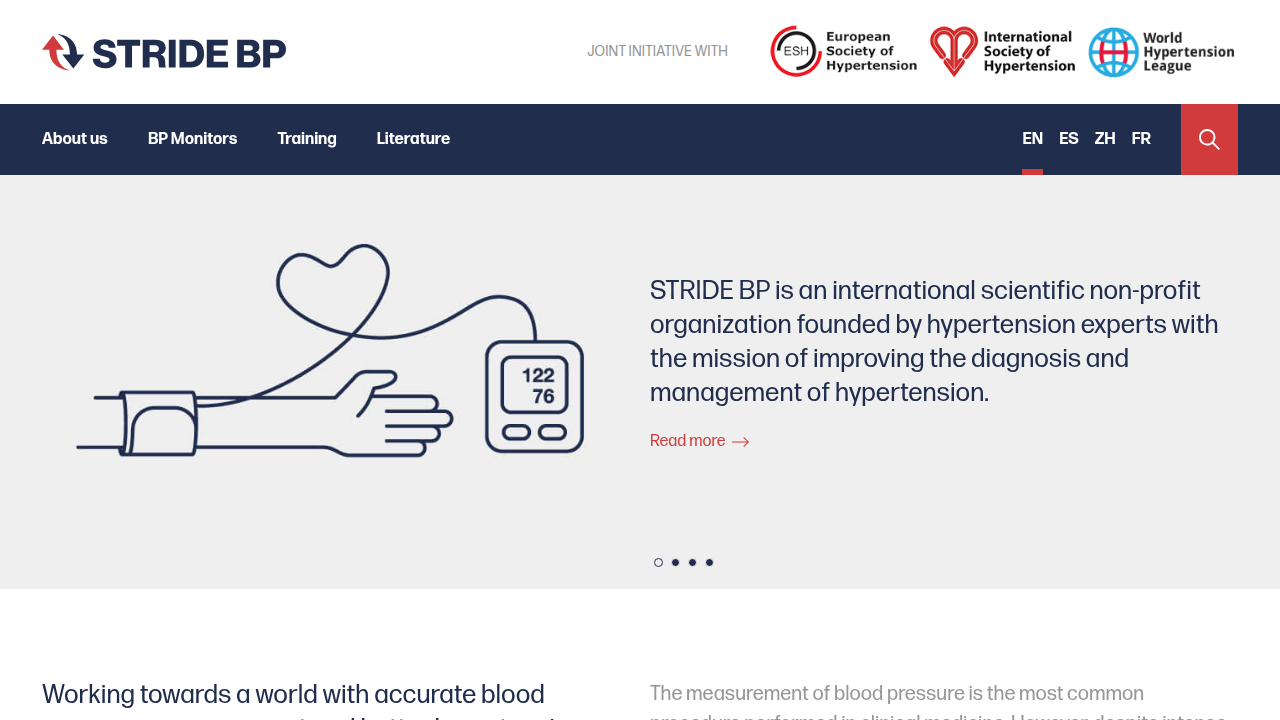 A screenshot of the STRIDE BP homepage, a resource for finding clinically validated blood pressure monitoring devices.