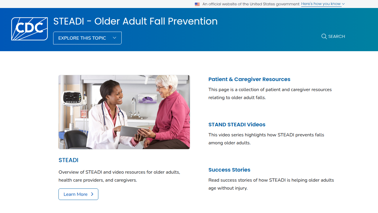 The CDC's STEADI program provides resources for fall prevention, including blood pressure measurement.