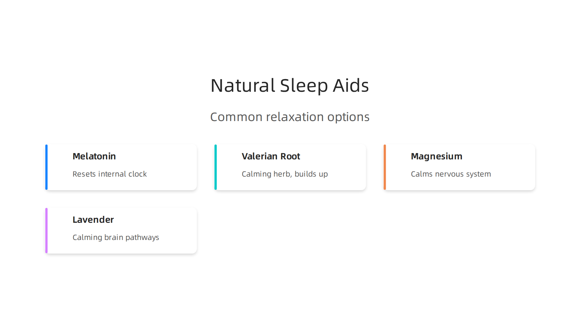 A summary of common natural aids for sleep, including their primary uses and effects.