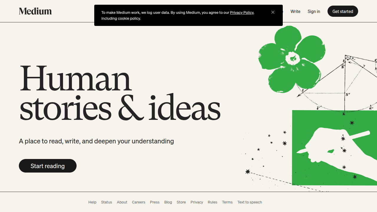 Screenshot of the Medium.com homepage, a platform for articles and publications.