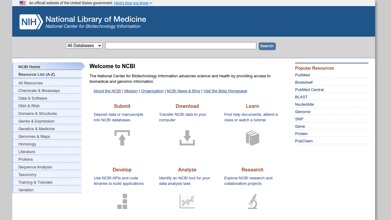 Screenshot of the National Institutes of Health website, a source for medical research and health information.