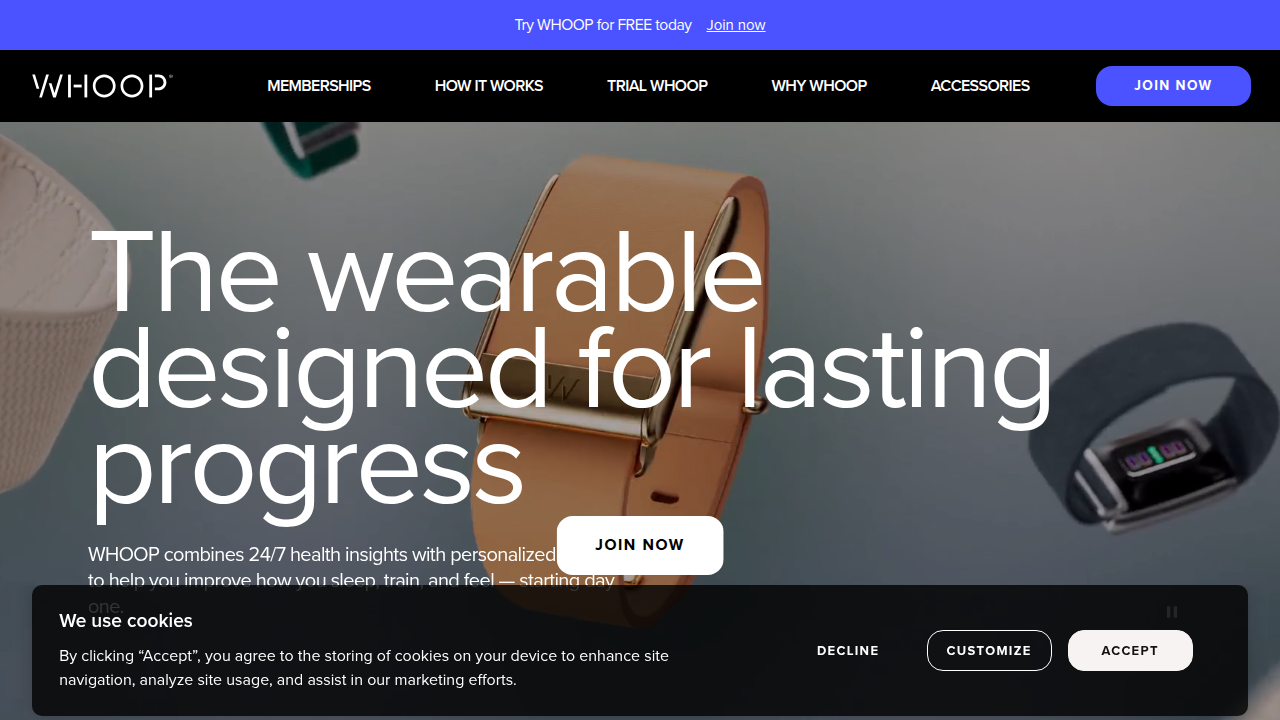 The Whoop homepage, showcasing their wearable technology for continuous health monitoring.