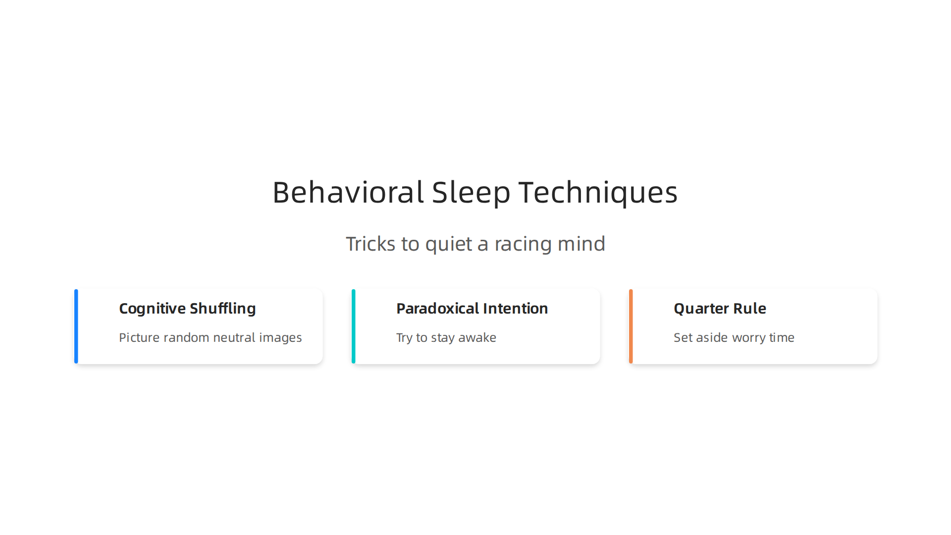 Behavioral techniques like cognitive shuffling, paradoxical intention, and the quarter rule can help quiet a racing mind at bedtime.