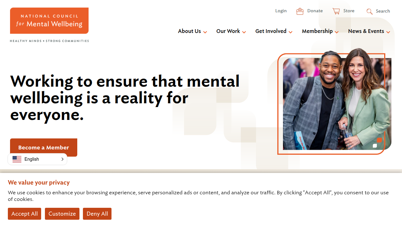 The National Council for Mental Wellbeing homepage, the organization that introduced Mental Health First Aid USA.