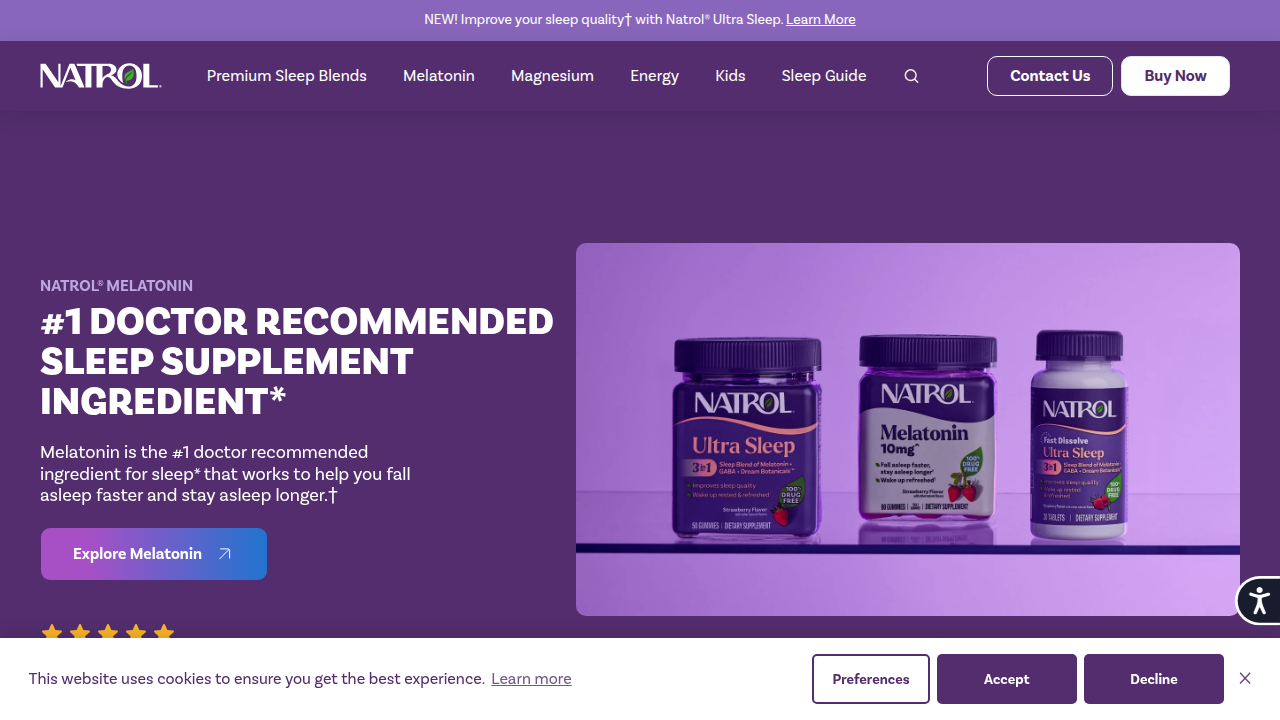 Screenshot of Natrol's official website, a brand mentioned for its sleep and restore products.