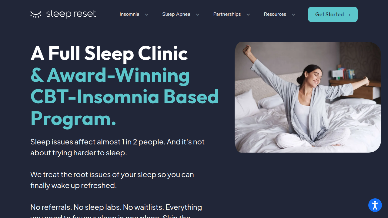 A screenshot of The Sleep Reset's homepage, a resource for sleep improvement.