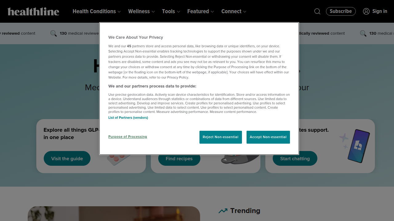 A screenshot of the Healthline homepage, a popular website for health information and advice.