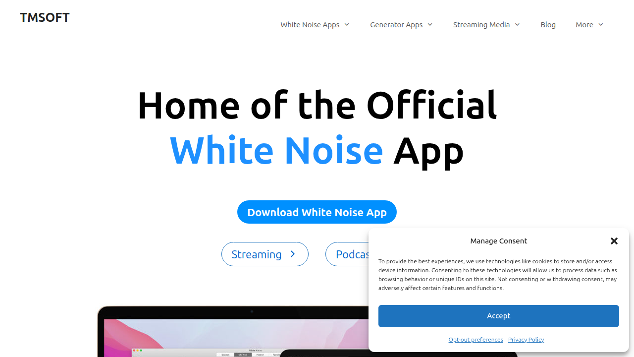 The homepage for TMSOFT, creator of the popular White Noise Lite app.