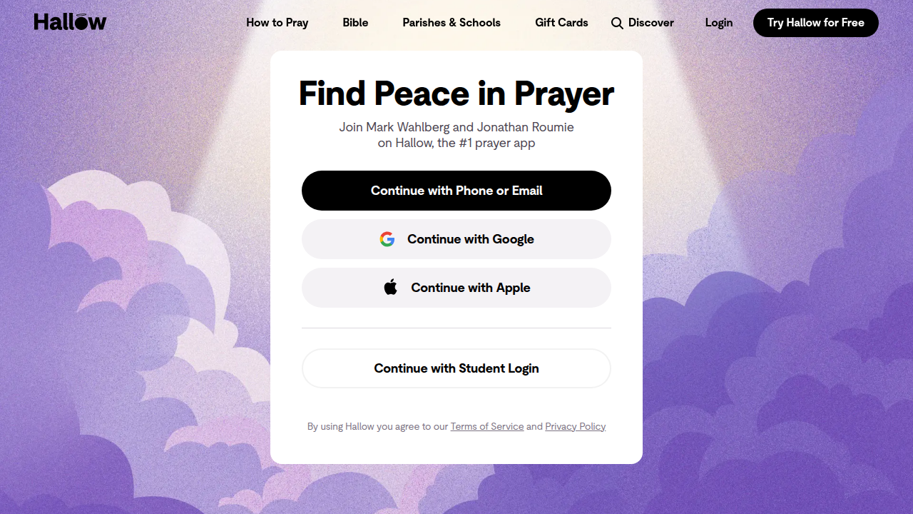 Hallow app homepage, an example of a sound-based tool for guided prayers and meditation.